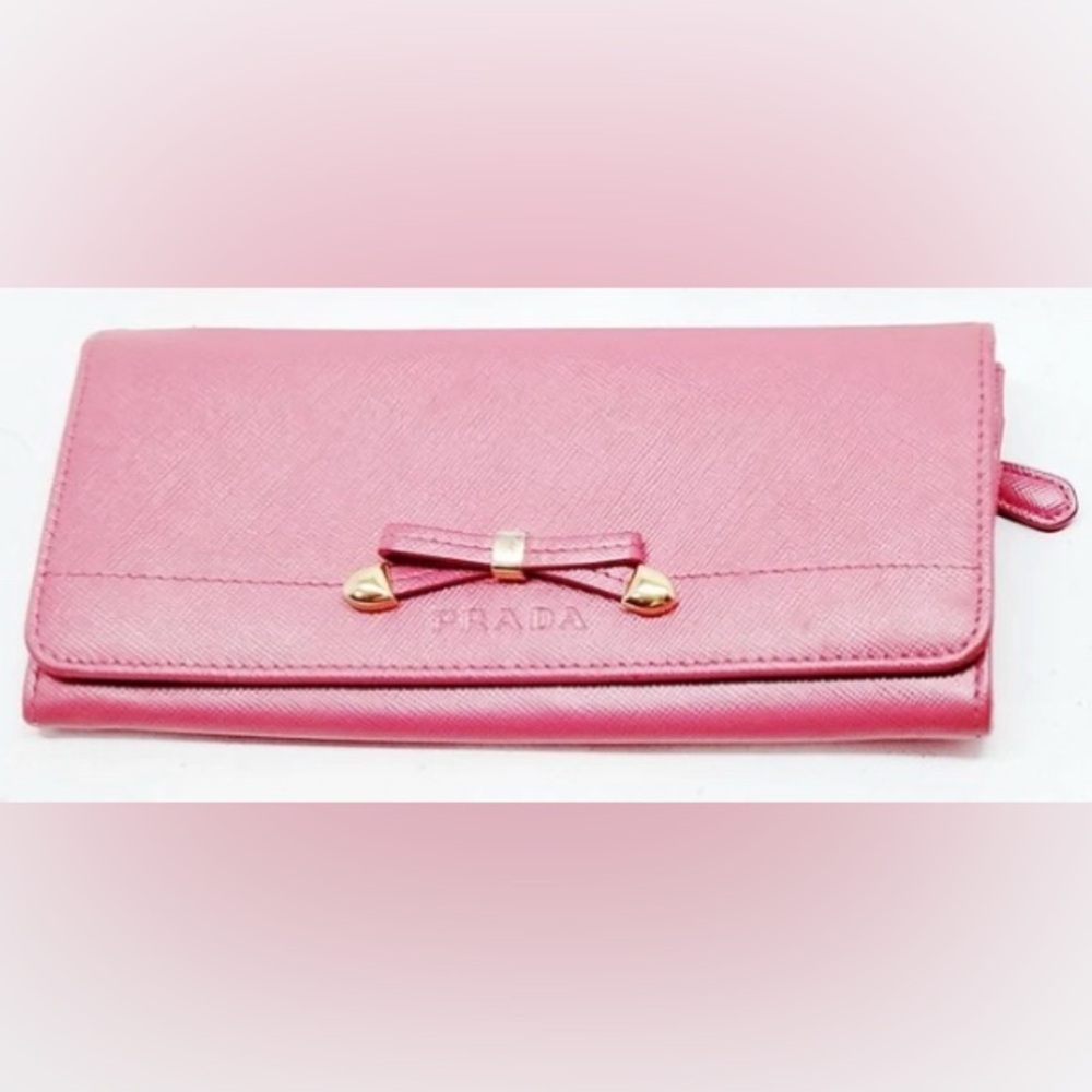 Prada Pink Wallet with Gold Bow Detail